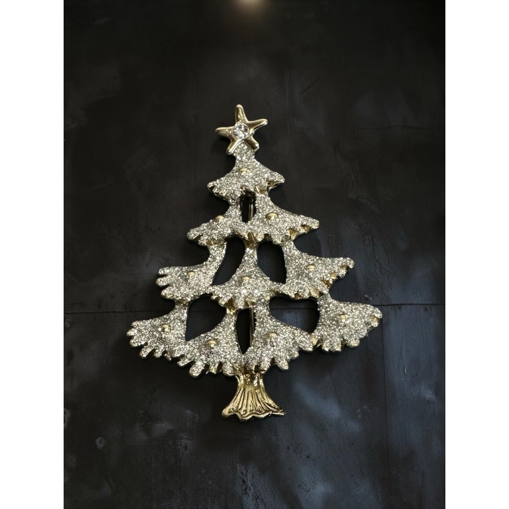 Sparkle Christmas Tree Brooch Gold Tone Rhinestone Star Festive